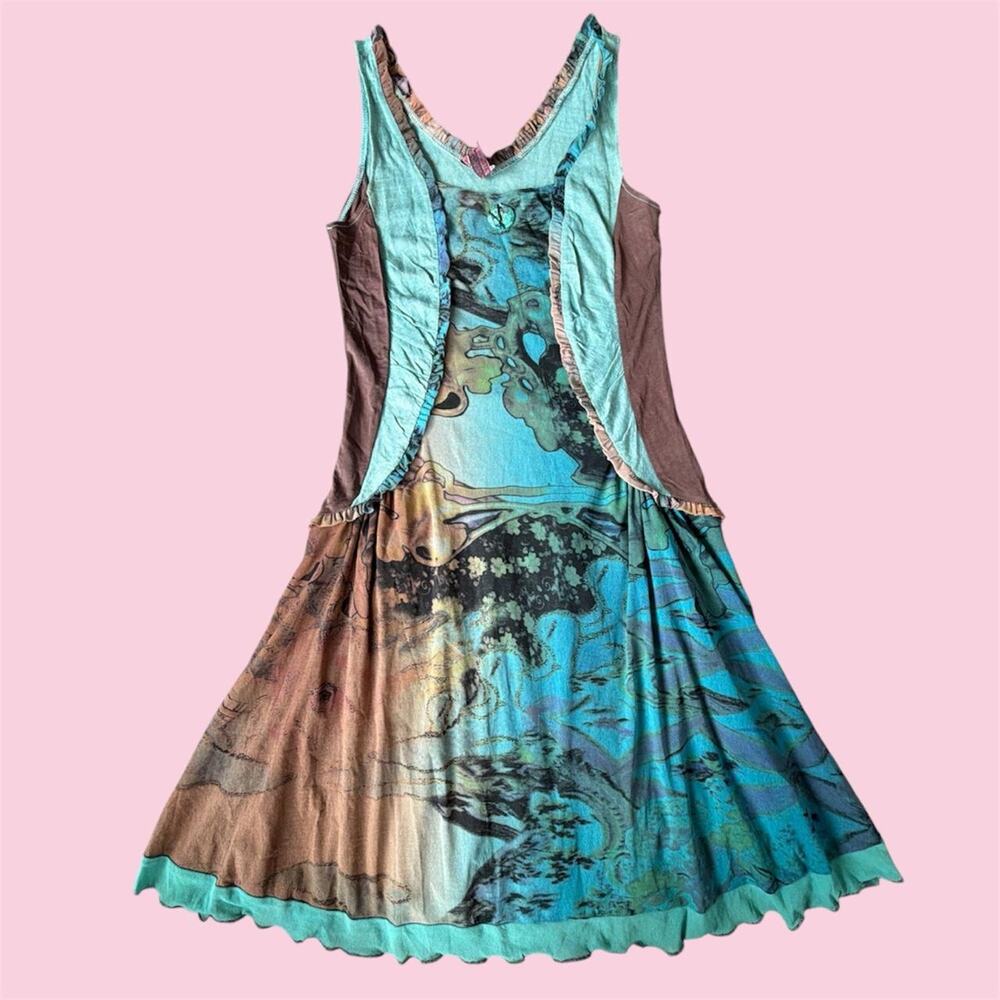 Y2K Euro Kali Orea blue and brown abstract watercolor-style linen and mesh dress
